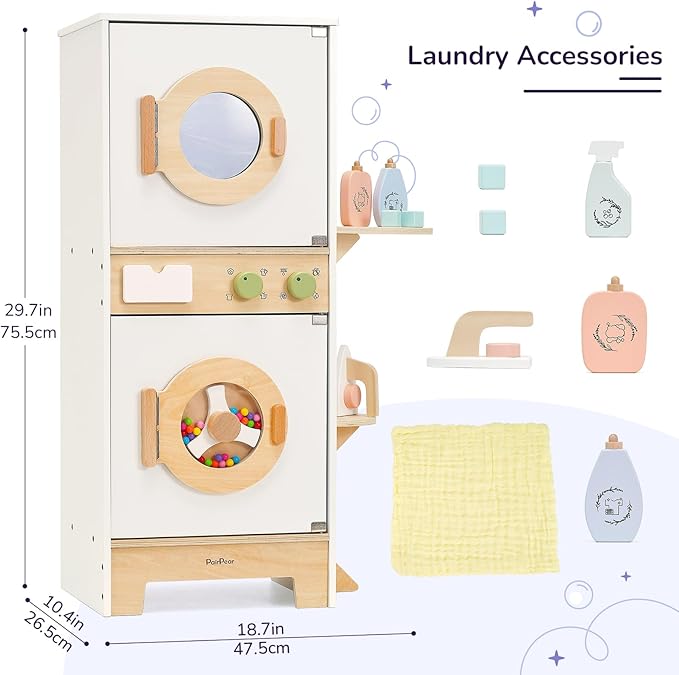 PairPear Wooden Toy Washing Machine Playset, Kids Washer & Dryer Laundry Playset with Iron, Toddler Pretend Kitchen Spinning Bead Drum Toy Gift for Age 3+