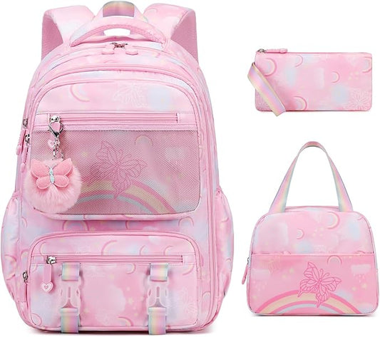 Backpack for Girls, Rainbow Butterfly Girls Backpacks with Lunch Bag Pencil Case Set, Kids Backpack Kindergarten Elementary Middle School Book Bag for Teen Girl Children Students