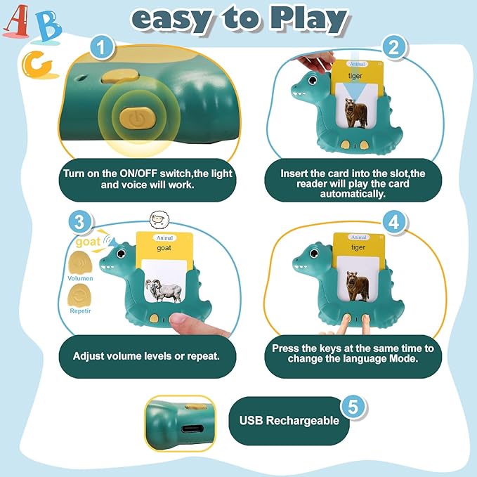 Dinosaur Talking Flash Cards 224 Sight Words for Kids, Audible Educational Interactive Autism Sensory Toys for Toddlers 3-8, Learning Montessori Tool for Girls Boys Gifts Green