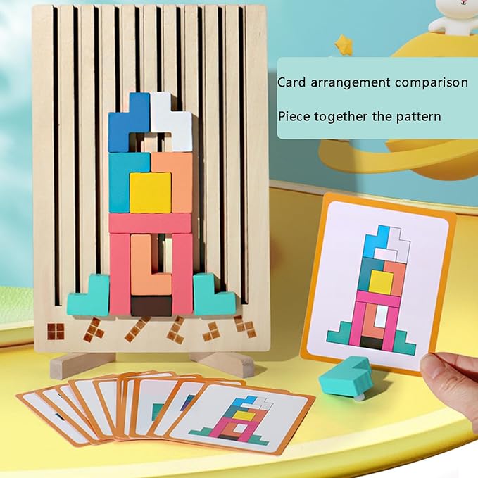 Montessori Brain Blocks, Colored 3D Wooden Russian Puzzle, Develops Logic & Spatial Reasoning, Wooden Stacking Puzzle Giant Board Game, Open-Ended Play Thinking for Boys and Girls (B)