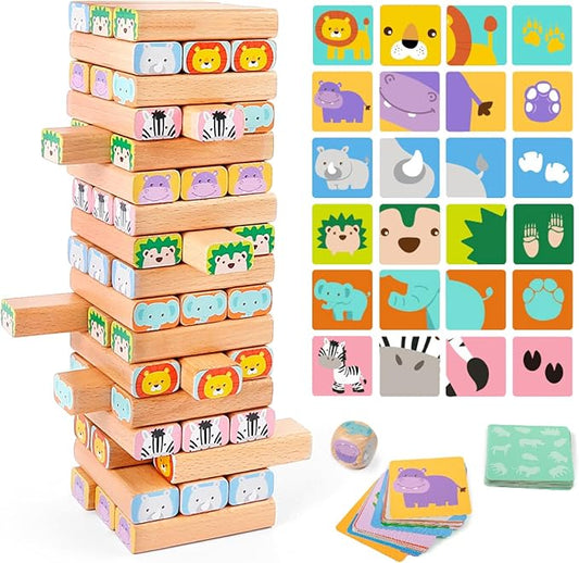 Nene Toys Wooden Block Stacking Game – 4-in-1 Tumble Tower Family Board Game with Building Blocks, Cards and Dice – African Safari Educational Wooden Toy for Kids 3-9 Years Old About Animals