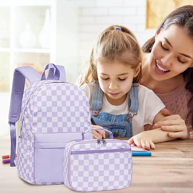 LEDAOU Kids School Backpack with Lunch Box for Girls Kindergarten BookBag School Bag Preschool Toddler Backpack (Purple Checkered)