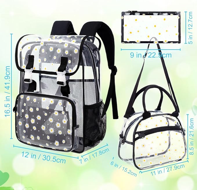 17" Daisy Clear Backpack for Girls - 3Pcs Flip Design Stadium Approved Set, Waterproof Campus/School Transparent Bookbag (Black)