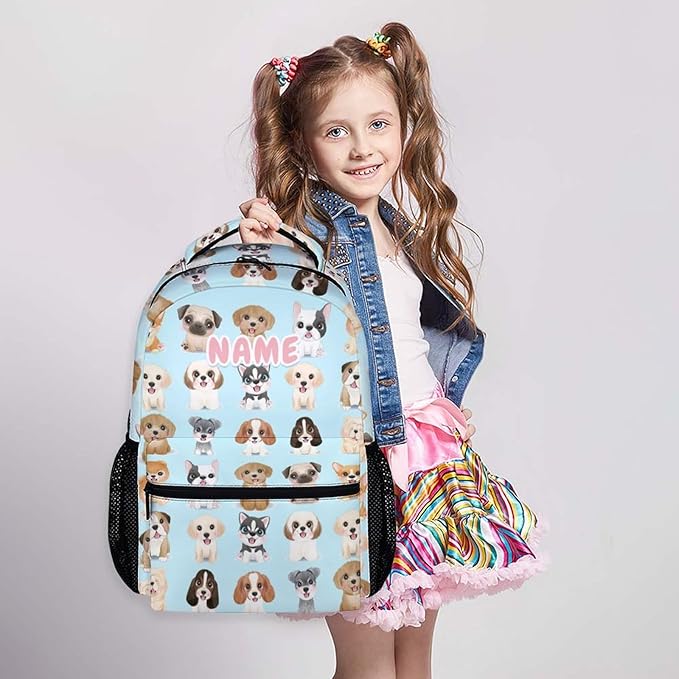 Custom Dog Backpacks for Kids, Large Capacity Backpack for School, Cute Blue Doggy Print Lightweight Bookbag for Boys & Girls