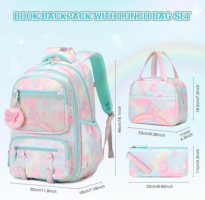 Rainbow Butterfly Backpack Set with Lunch Bag & Pencil Case, Kids' Kindergarten to Middle School Book Bag, Green