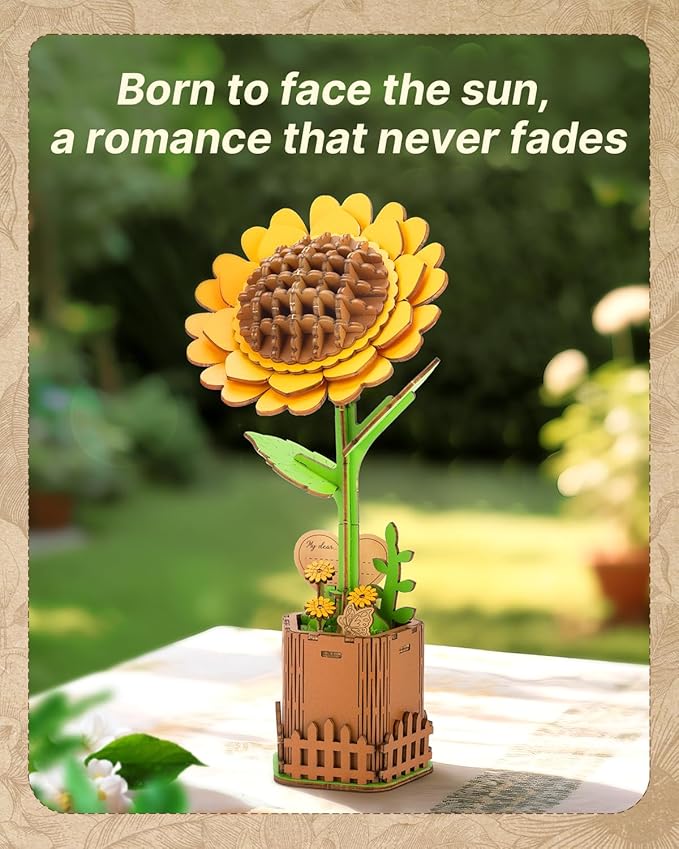 3D Flower Wooden Puzzles for Adults-Sunflower, Wooden Flowers Model Kit Set DIY Crafts to Build, Mother's Day/Botanical Collection/Ideal Creative Gift Ideas/Housewarming