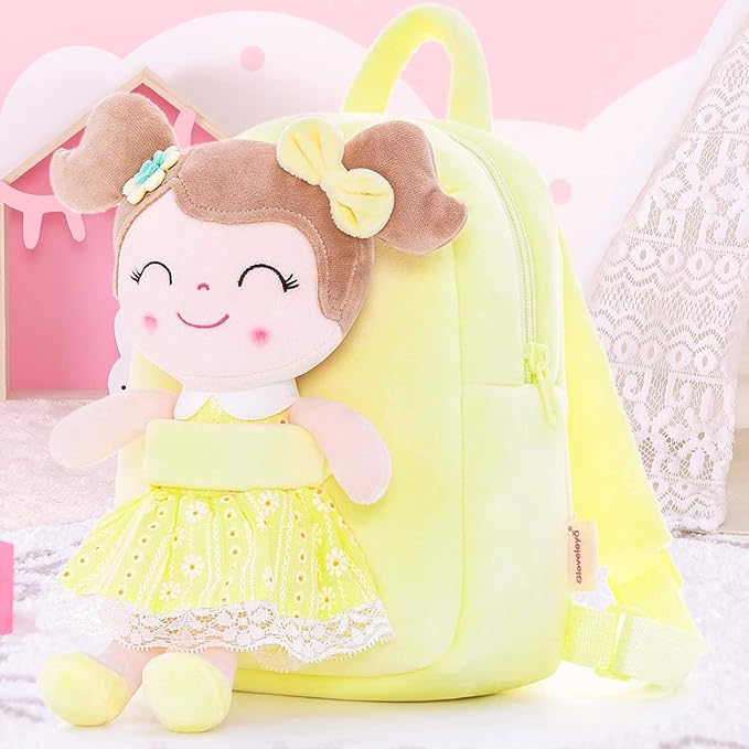 Gloveleya Back to School Gifts for Girls Kids Backpack Toddler Girls Backpacks with Soft Plush Spring Girl Doll Toys Yellow 9"…