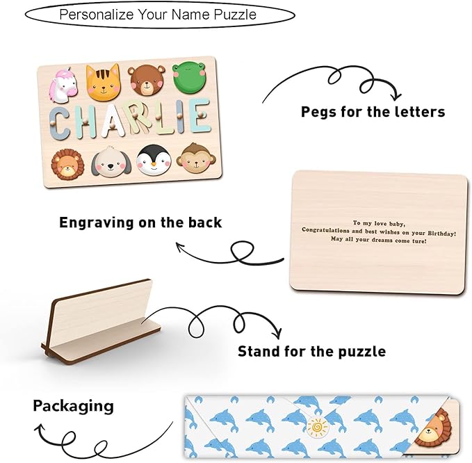 Personalized Name Puzzle for Kids, Personalized Baby Gifts Name Puzzles for Toddlers 1-3 with Pegs Engraved Text Greetings on Back, 1st Birthday Christmas Easter Gifts for Boys&Girls, Montessor Toys