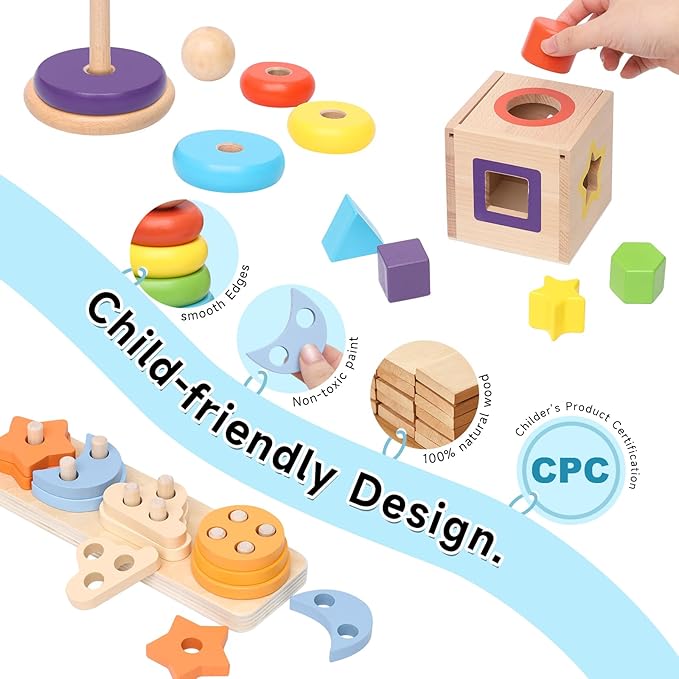 Wooden Montessori Toys for 1 Year Old, 4-in-1 Educational Sensory and Baby Learning Toys for Toddlers Aged 1-3, Boy and Girl's Best Gifts for Birthday (Blue)