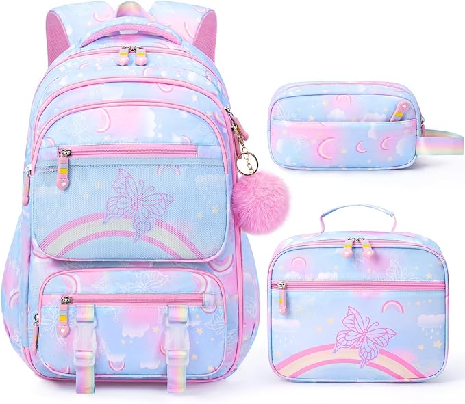 Fimibuke Kids Backpack for Girls, 3PCS Rainbow & Butterflies Teen Girls Backpack with Lunch Box & Pencil Case, Cute Blue Bookbag School Bag for Kindergarten Elementary Middle School Student Ages 5+