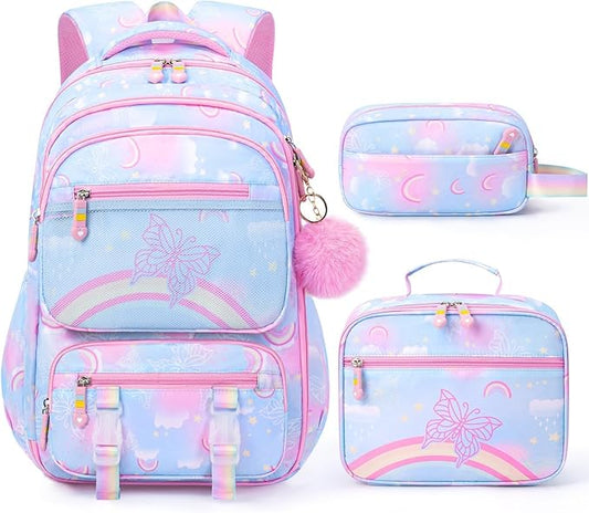 Fimibuke Kids Backpack for Girls, 3PCS Rainbow & Butterflies Teen Girls Backpack with Lunch Box & Pencil Case, Cute Blue Bookbag School Bag for Kindergarten Elementary Middle School Student Ages 5+