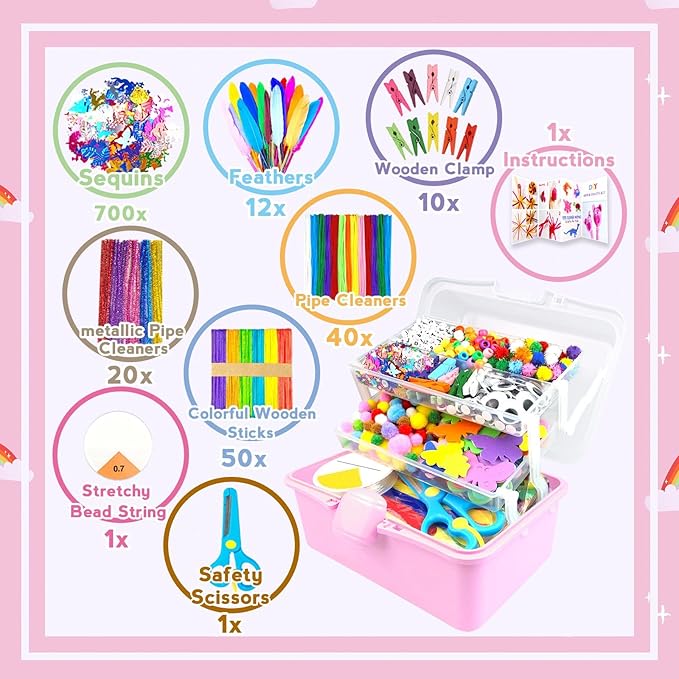 ZEIZHUBN Arts and Crafts Supplies for Kids Crafts Kit with Pipe Cleaners DIY Crafts for Kids Art School Supplies Materials All in Crafting Box Craft Supply Set Gifts for Kid Girls Boys Age 4-8, 8-12
