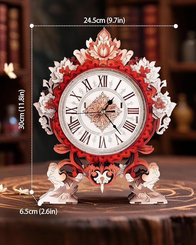 3D Wooden Puzzles for Adults, 3D Puzzles Flame Flower Clock Kit (with Pendulum), Wooden Puzzle for Adults Teens Home Wall Decor Clock Christmas Day Puzzle Gifts for Adults