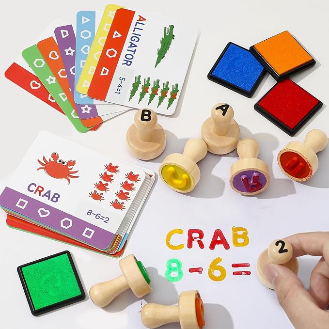 Atoylink Wooden Alphabet Number Stamps for Kids with Ink Pads, ABC Spell Learning Toys 26 Letter Stamps & Flash Cards, Preschool Educational Toy Gifts for 3 4 5 Year Old Boys Girls