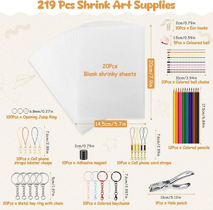 Hayunfiys Shrinky Plastic Sheets Kit, Shrink Paper Keychains and Open Iron Ring for Kids DIY Creative Craft Marking (219 PCS)