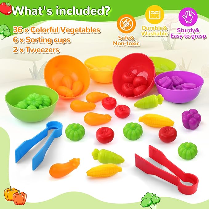 USATDD Counting Vegetables Color Sorting Matching Games with Bowls Preschool Learning Activities for Educational Sensory Montessori STEM Toy Sets Gift for Toddlers Kids Boys Girls Aged 3-5