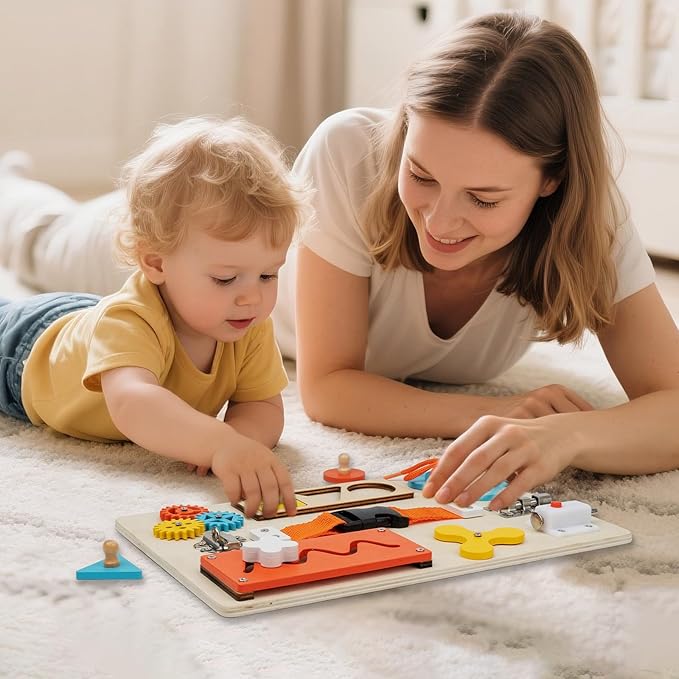 Montessori Busy Board for Toddlers, 9-in-1 Wooden Sensory Toys for Fine Motor Skills, Educational Activity Board for Preschool Learning, Travel Toys Gift for Boys Girls 3 4 5