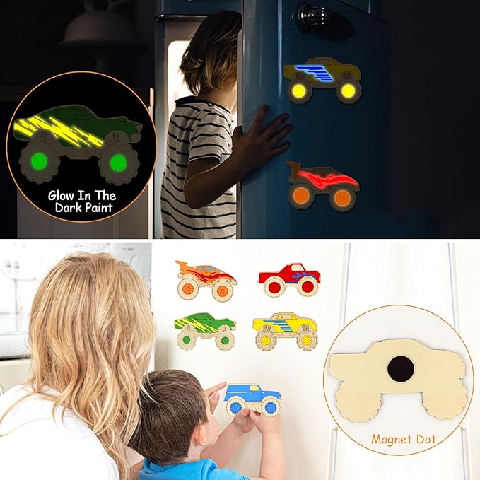 LARDUX Monster Truck Party Favors, 24PCS DIY Wooden Arts & Crafts Painting Kit for Kids, Glow in The Dark Party Favors Family Crafts Birthday Party Christmas Gifts Toys for Boys Girls