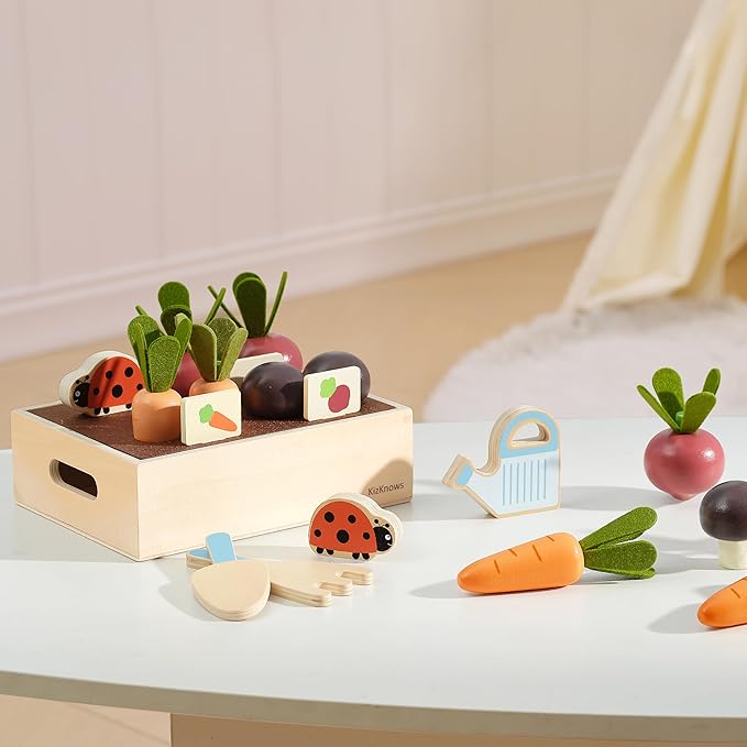 Wooden Montessori Gardening Playset for Kids – 16 Piece Plant & Harvest Toy Kit, Kids Pretend Play Food with Carrots, Beets, Mushrooms, Kitchen Accessories Toy Gift for Boys Girls 3+