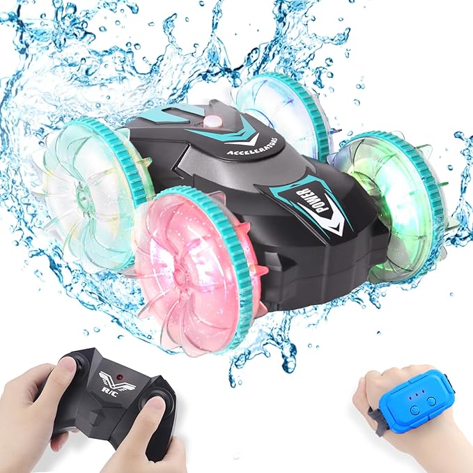 AHCo. Pool Toys Amphibious Remote Control Boat for Kids, Gesture Sensing Water RC Car for Boys Age 4-8 8-12 Year Old, Ideal Outdoor Summer Gifts & Birthday Presents, LED Wheels