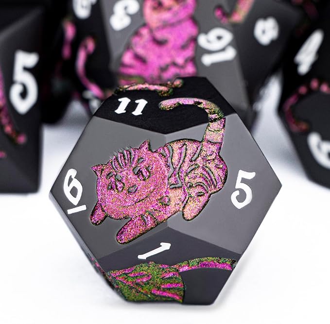 Metal DND Cat Dice 7PCS Polyhedral RPG Dice Set with Gift Case for Dungeons Dragons Role Playing Game, D and D Dice D6 D8 D10 D12 D20 D% (Purplish Red) 