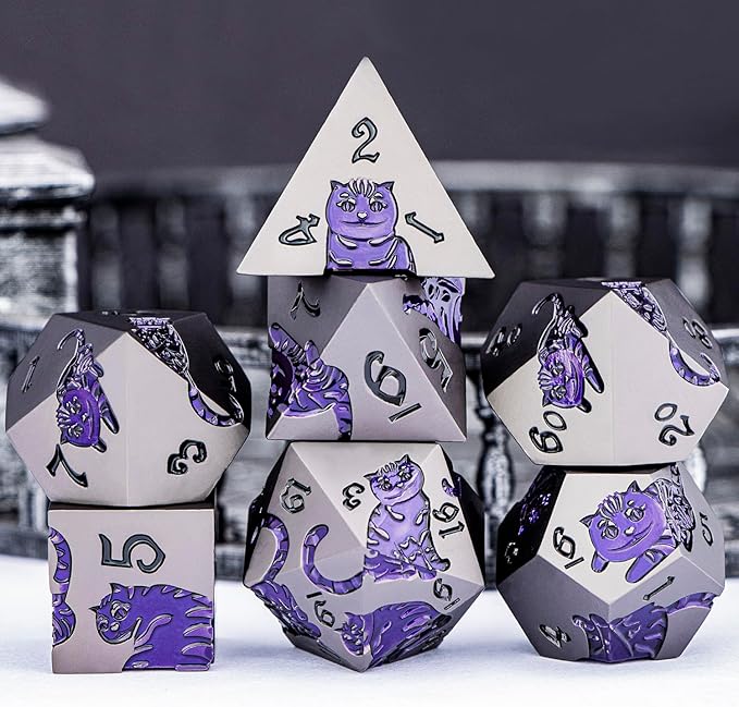 Metal DND Cat Dice 7PCS Polyhedral RPG Dice Set with Gift Case for Dungeons Dragons Role Playing Game, D and D Dice D6 D8 D10 D12 D20 D% (Grey Purple)