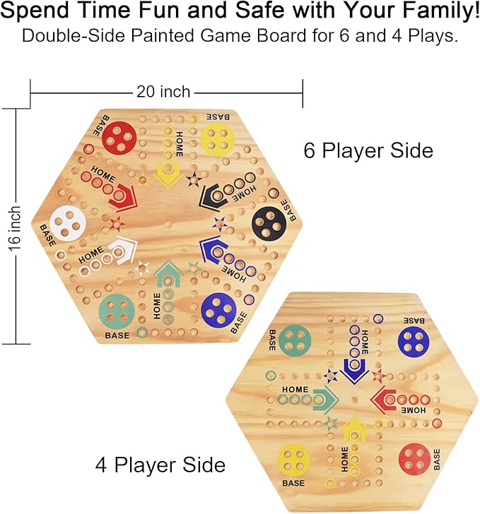 Original Marble Game Wahoo Board Game 20-Inch Double Side Painted Wooden Fast Track Board Game for 6 Player and 4 Player, 6 Colors 36 Glass Marbles 8 Dice for Family Game Night, Friends Party