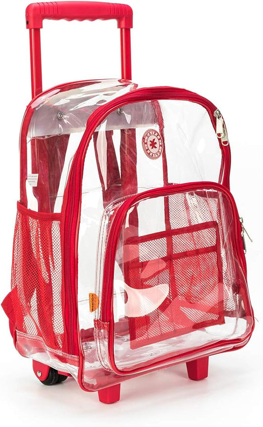 K-Cliffs Rolling Clear Backpack Heavy Duty Bookbag Quality See Through Workbag Travel Daypack Transparent School Book Bags w/Wheels Red