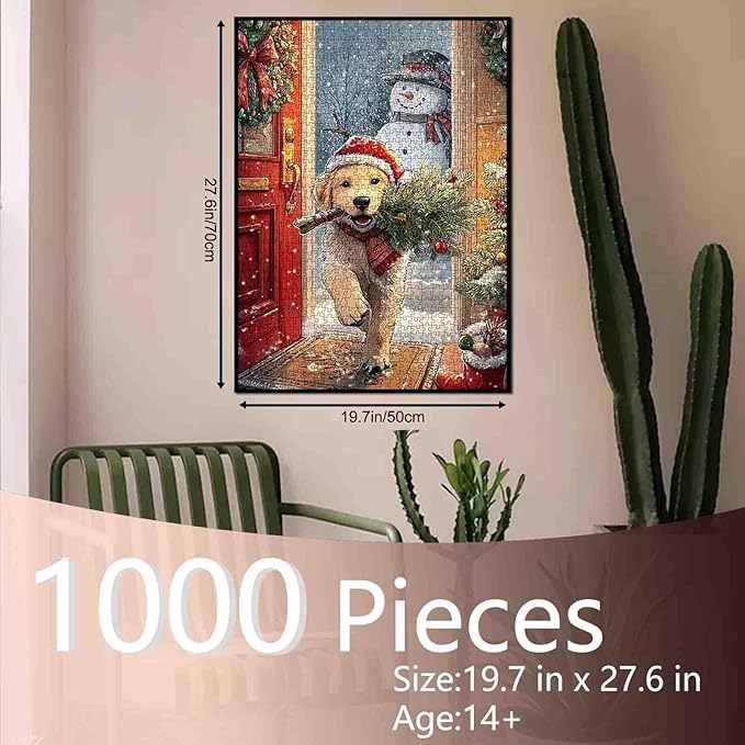 Merry Christmas 1000 Piece Jigsaw Puzzles for Adults Animal Dog Wearing Christmas Hat Painting Jigsaw Puzzle 1000 Cute Snowman Puzzles 20''x27”inch DIY Craft Puzzle Art Wall Decor Family Challenging
