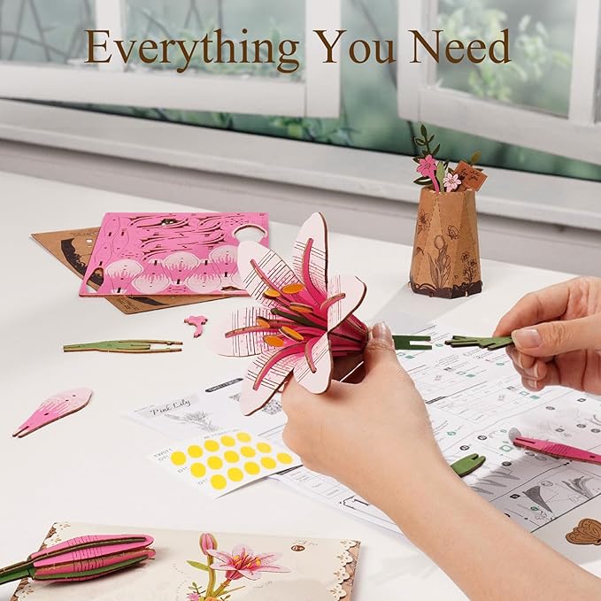 Rowood Wooden Flower Kit,DIY Artifical Flower Building Set Craft Kit for Adults,Mother's Day/Valentine's Day for Mom/Women/Grandma-Pink Lily