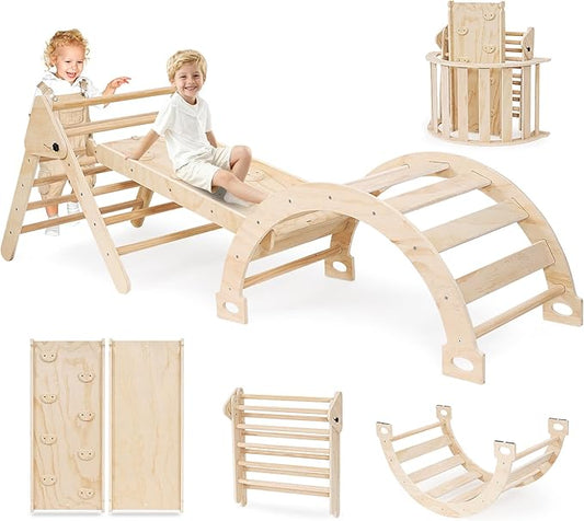 Pikler Triangle Set for Toddlers, 7-in-1 Foldable Montessori Climbing Gym with Safety Strap on Slide, Indoor Wooden Arch, Ramp, Ladder for Active Play - Natural