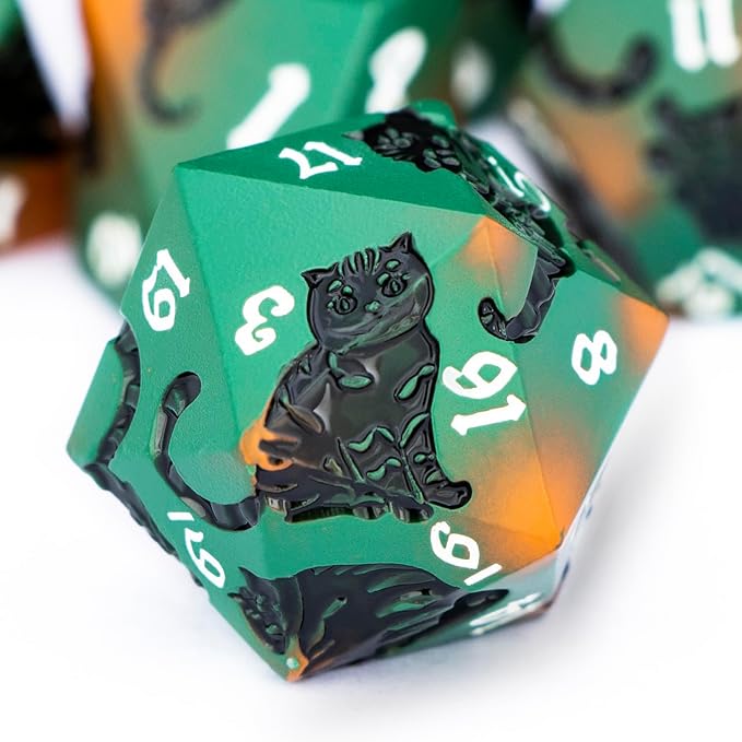 Metal DND Cat Dice 7PCS Polyhedral RPG Dice Set with Gift Case for Dungeons Dragons Role Playing Game, D and D Dice D6 D8 D10 D12 D20 D% (Orange Green)