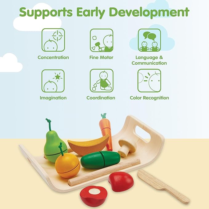 PlanToys Wooden Assorted Fruit and Vegetable Food Set (3416) | Sustainably Made from Rubberwood and Non-Toxic Paints and Dyes