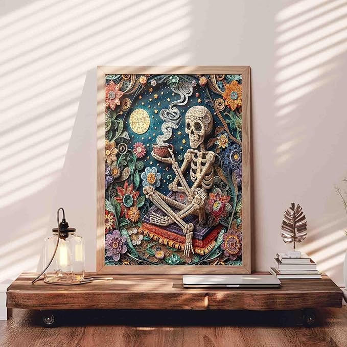 Tucocoo Skeleton and Flowers Jigsaw Puzzle for Adults 1000 Piece, Whimsical Skull Moonlight Paper Art Difficult Puzzle Challenging Night Sky Floral Puzzle for Family Game Nights Home Wall Decor Gift