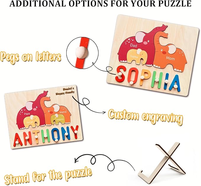 Personalized Baby Name Puzzle | Custom Wooden Baby Toy for Toddlers 1-3 Age 3+ | Montessori Learning Toys for Boys & Girls | Perfect Kids Gift for First Birthdays & Christmas (Elephants)