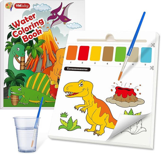 Water Coloring Books for Toddlers 3-8,Dinosaurs Coloring Book with Watercolor Paint Set Kids,Travel Coloring Kit,Arts and Crafts Suitable for Birthday