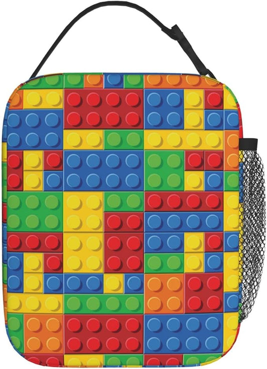 Colorful Bricks Reusable Lunch Box Food Bag Insulated Lunch Bag for Teenage Boys Girls School Beach