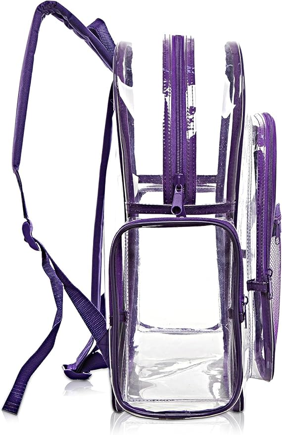 Wholesale 10-Pack Bulk Case Clear PVC Backpacks with Purple Trim and 5 Zipper Compartments, 17 Inch Transparent School Approved Backpack, Daypack, Stadium Bag, Bookbag