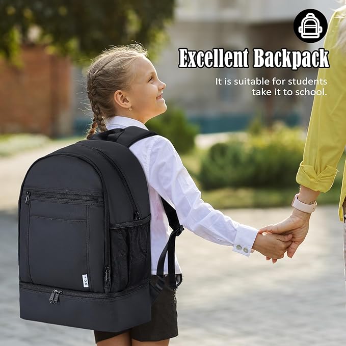 NOL Natural Organic Lifestyle Kids 2-in-1 Backpack & Insulated Lunch Bag-16 Multi-Functional Large Compartments Backpack for School & Travel, Double Deck, Water Resistant, Leak-proof, Padded (Black)