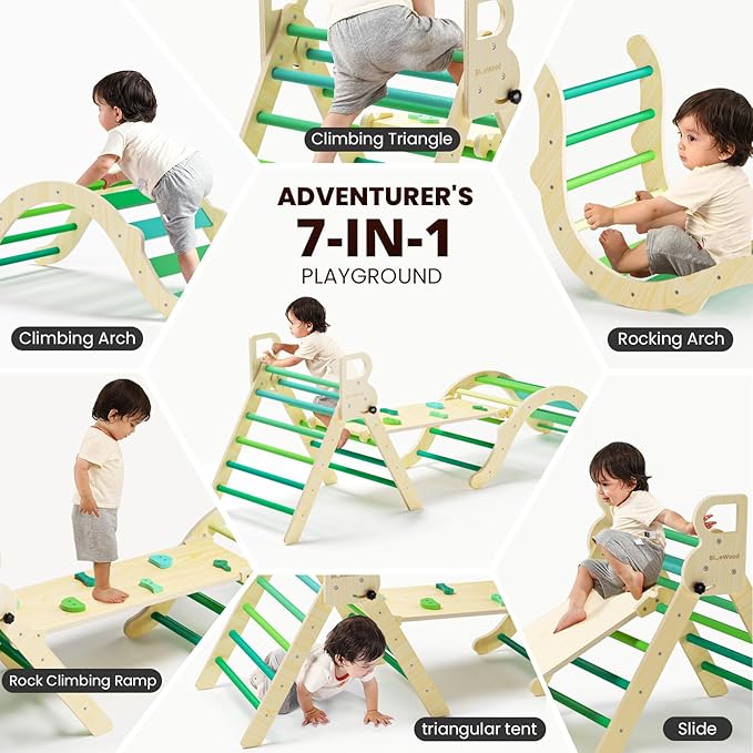 BlueWood Pikler Triangle Set, Toddler Wooden Climbing Toys Indoor 7in1 Foldable Climber for Kids, Montessori Philosophy Play Jungle Gym with Arch, Ramp, Ladder (Green Summer)