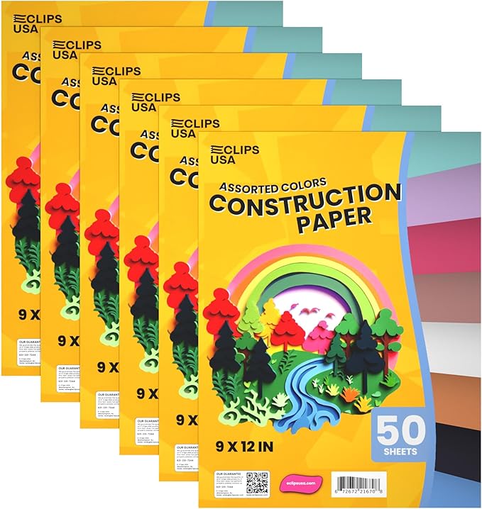 Construction Paper Bulk (300 Sheets), 9 x 12 Construction Paper for Kids, Color Art Paper, Assorted Colors, 50 Sheets Per Pack, (6 Pack)