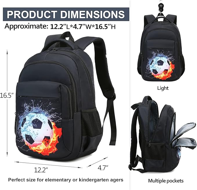 LEDAOU School Backpack Kids Teen Boys Girls Bookbag Daypack School Bag (Football Black A)