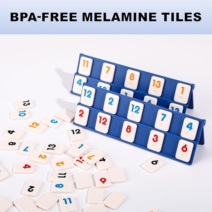 Mini Travel Rummy Cube Game 4 Players with Portable Case, 106 Melamine Rummy Tiles & 4 Holders, Small Classic Family Strategy Board Game for Adults Kids