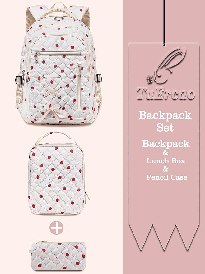 Cute Strawberry Print Backpack with Lunch Box and Pencil Case for Girls Teens Kids for Age 8-10 10-12 12-14 Kawaii Backpack for Elementary Middle High School Bookbag Mochila Para Niñas
