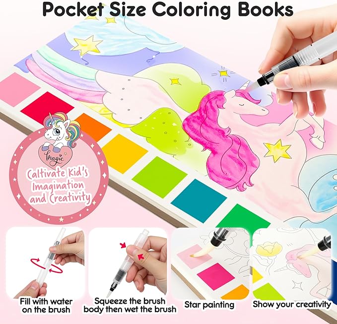 Watercolor Painting Coloring Books Pocket Watercolor Paint Bookmarks, Mess Free Paint with Water Set, Travel Class Activities Art Party Favors Exchange Birthday Gifts for Kids (Unicorn Dream)