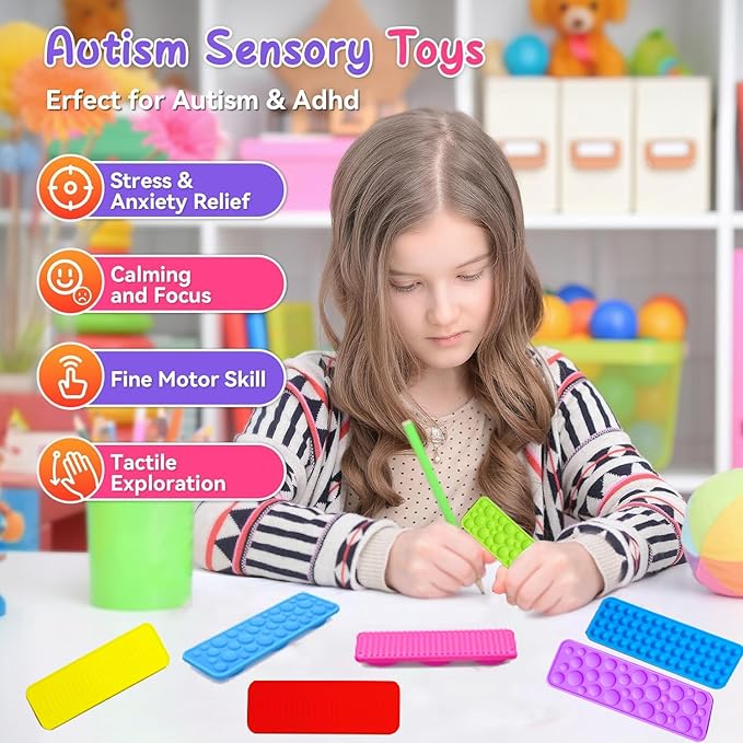 Sensory Fidget Toys Kids Adults, 16Pcs Textured Suction Toys for Autism Kids Calming, Sensory Desk Toys for Anxiety Relief, Fidget Strips for Classroom Office (Style 2)