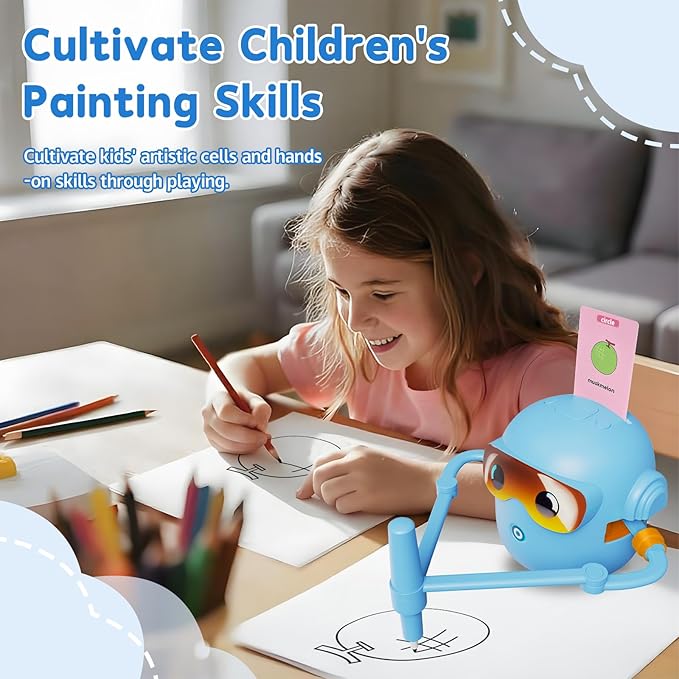 Drawing Robot for Kids, with 100 Word Cards, 12 Color Pens, Voice Interactive Educational Drawing Machine, Montessori Painting Learning Toys for 3 4 5 6 7 8 Year Old Boys Girls Birthday Party (Blue)