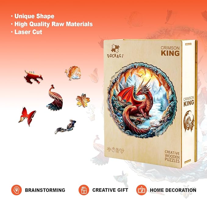 Wooden Puzzles for Adults - Crimson Dragon Wooden Jigsaw Puzzle - Unique Shape 3D Vision Wood Puzzles Adult - Christmas Birthday Gifts for Adults/Friends/Family - 195pcs 11.4 * 11.4in