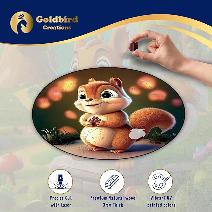 Wooden Puzzles for Kids Ages 4-8 - 50 Piece Puzzles for Kids - Animal Shaped Kids Puzzles - Round Wooden Jigsaw Puzzles - Christmas & Birthday Gift Idea (Baby Squirrel)