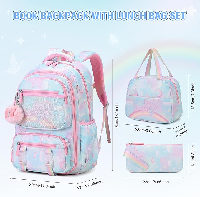 Backpack for Girls, Rainbow Butterfly Girls Backpacks with Lunch Bag Pencil Case Set, Kids Backpack Kindergarten Elementary Middle School Book Bag for Teen Girl Children Students